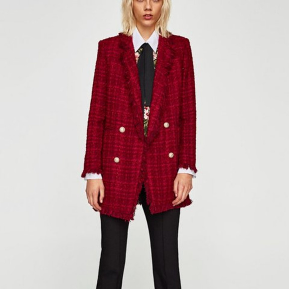 Zara Jackets & Blazers - ZARA Tweed Frayed Jacket With Embellished Buttons